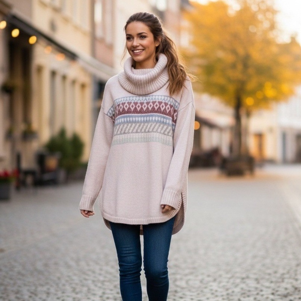 Soho Sweater Women's Size XS Pink Cowl‎ Neck Pullover Knit Geometric Boho Preppy